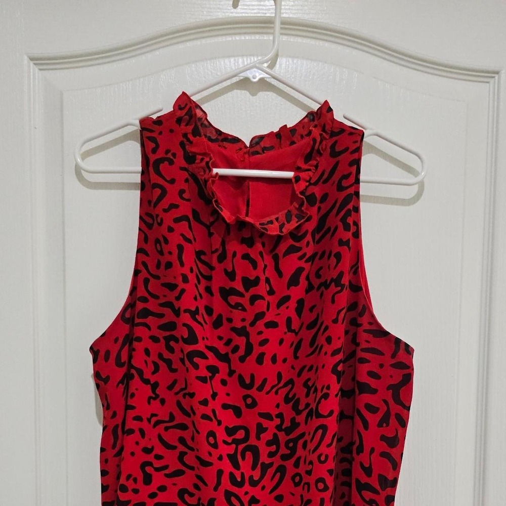 Red leopard print lined blouse with ruffle neckline